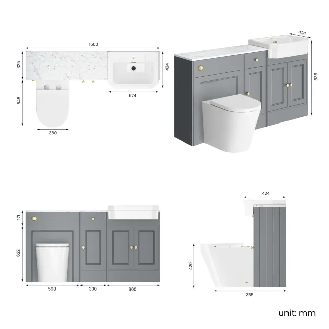 Monaco Dove Grey Combination Vanity Traditional Basin with Marble Top and Boston Toilet 1500mm - Brushed Brass Accents