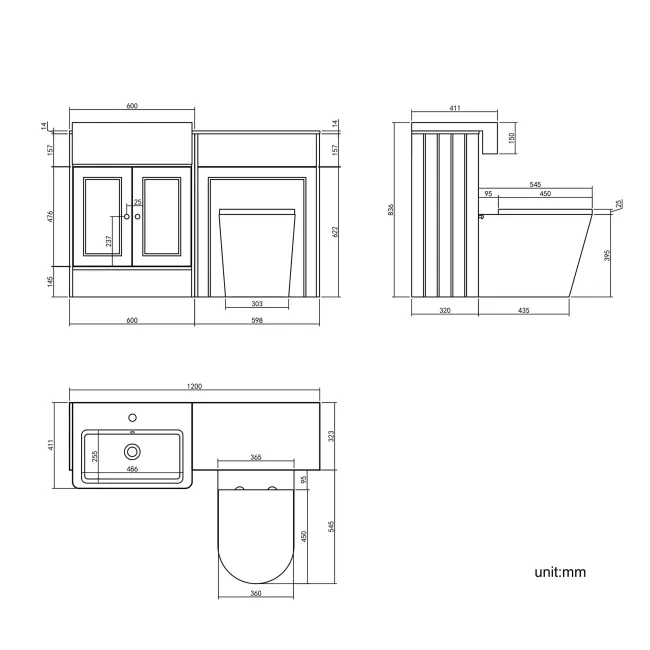 Monaco Chalk White Combination Vanity Basin with Marble Top & Boston Toilet 1200mm - Brushed Brass Accents