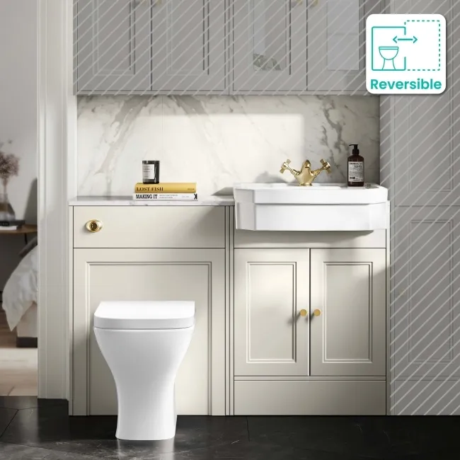 Monaco Chalk White Combination Vanity Traditional Basin with Marble Top & Atlanta Toilet 1200mm - Brushed Brass Accents