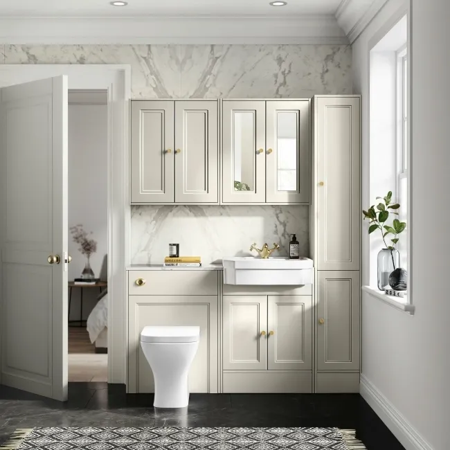 Monaco Chalk White Combination Vanity Traditional Basin with Marble Top & Atlanta Toilet 1200mm - Brushed Brass Accents