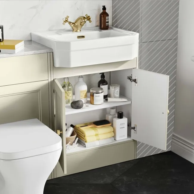 Monaco Chalk White Combination Vanity Traditional Basin with Marble Top & Atlanta Toilet 1200mm - Brushed Brass Accents