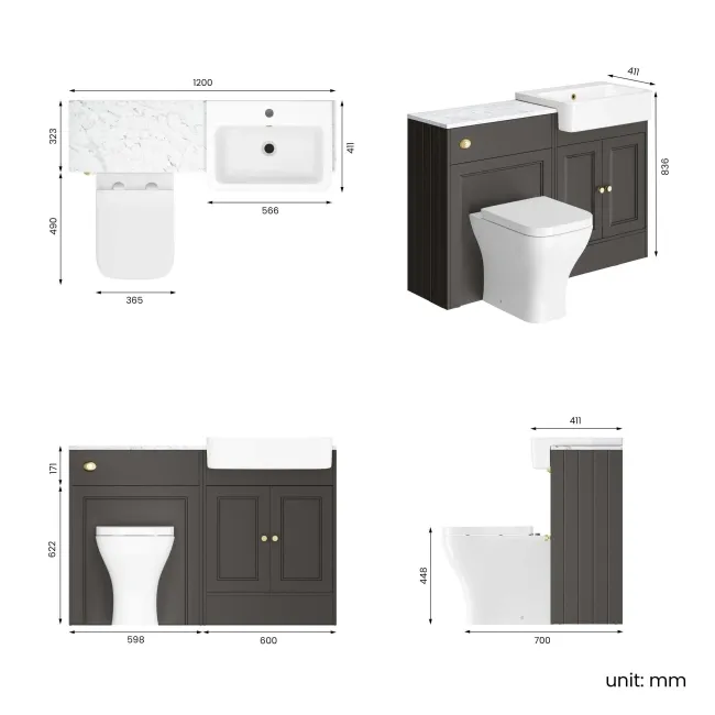 Monaco Graphite Grey Combination Vanity Basin with Marble Top & Atlanta Toilet 1200mm - Brushed Brass Accents
