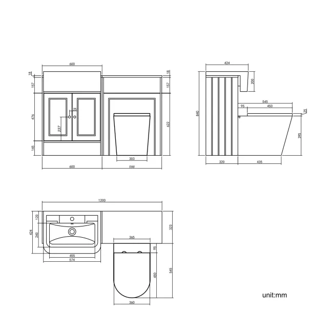 Monaco Graphite Grey Combination Vanity Traditional Basin and Boston Toilet 1200mm - Brushed Brass Accents