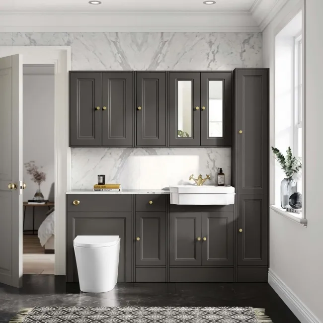 Monaco Graphite Grey Combination Vanity Traditional Basin with Marble Top and Boston Toilet 1500mm - Brushed Brass Accents