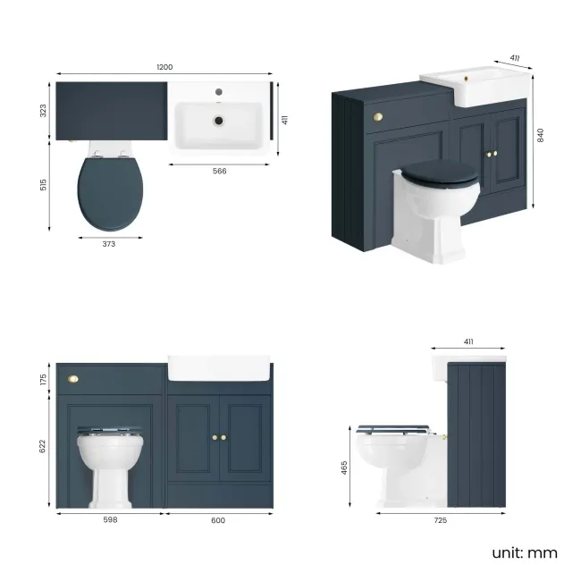 Monaco Inky Blue Combination Vanity Basin and Hudson Toilet with Wooden Seat 1200mm - Brushed Brass Accents