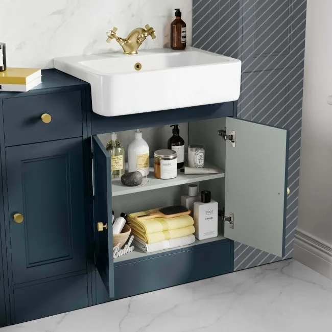 Monaco Inky Blue Combination Vanity Basin and Hudson Toilet with Wooden Seat 1500mm - Brushed Brass Accents