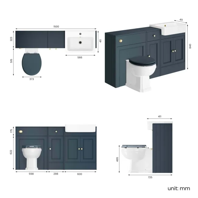 Monaco Inky Blue Combination Vanity Basin and Hudson Toilet with Wooden Seat 1500mm - Brushed Brass Accents