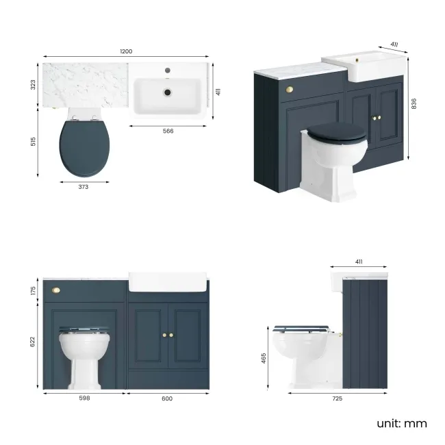 Monaco Inky Blue Combination Vanity Basin with Marble Top & Hudson Toilet with Wooden Seat 1200mm - Brushed Brass Accents