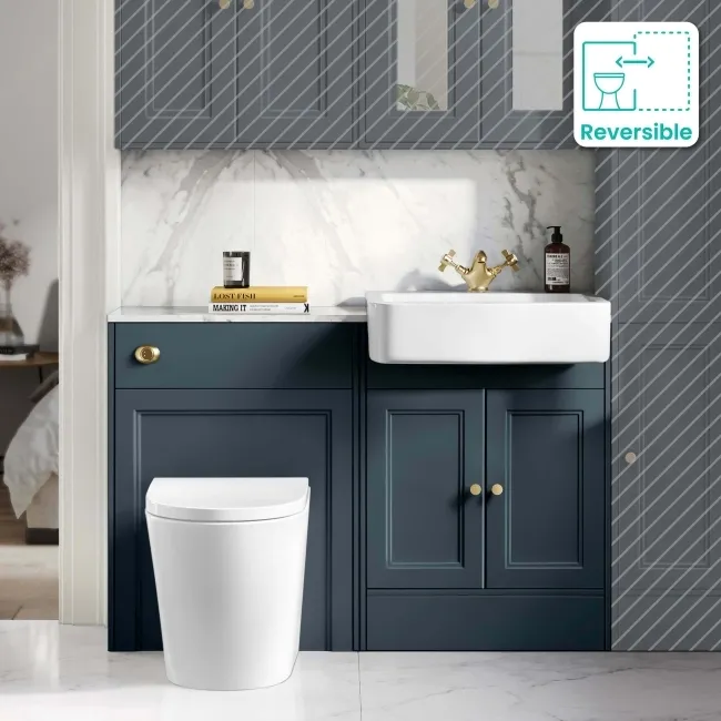 Monaco Inky Blue Combination Vanity Basin with Marble Top & Boston Toilet 1200mm - Brushed Brass Accents
