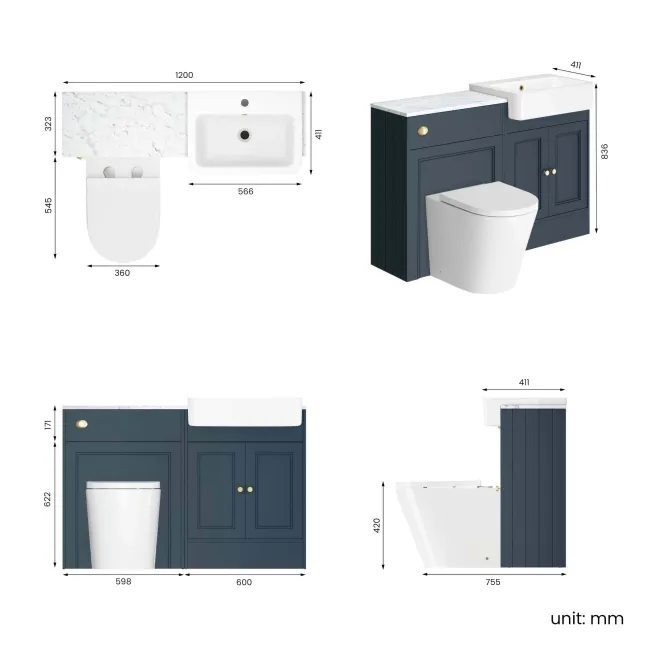 Monaco Inky Blue Combination Vanity Basin with Marble Top & Boston Toilet 1200mm - Brushed Brass Accents