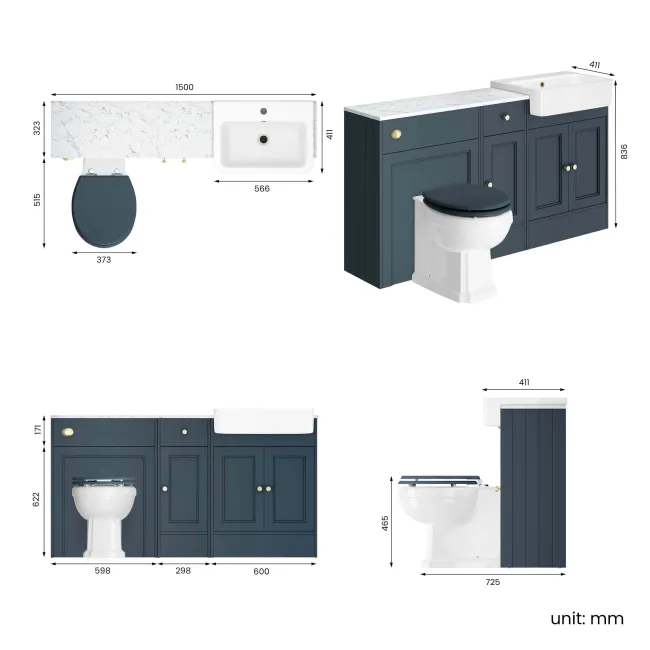Monaco Inky Blue Combination Vanity Basin with Marble Top and Hudson Toilet with Wooden Seat 1500mm - Brushed Brass Accents
