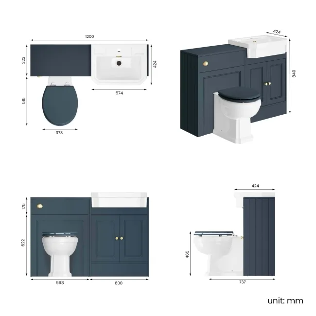 Monaco Inky Blue Combination Vanity Traditional Basin and Hudson Toilet with Wooden Seat 1200mm - Brushed Brass Accents