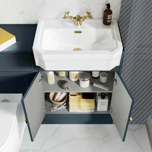 Monaco Inky Blue Combination Vanity Traditional Basin and Boston Toilet 1200mm - Brushed Brass Accents