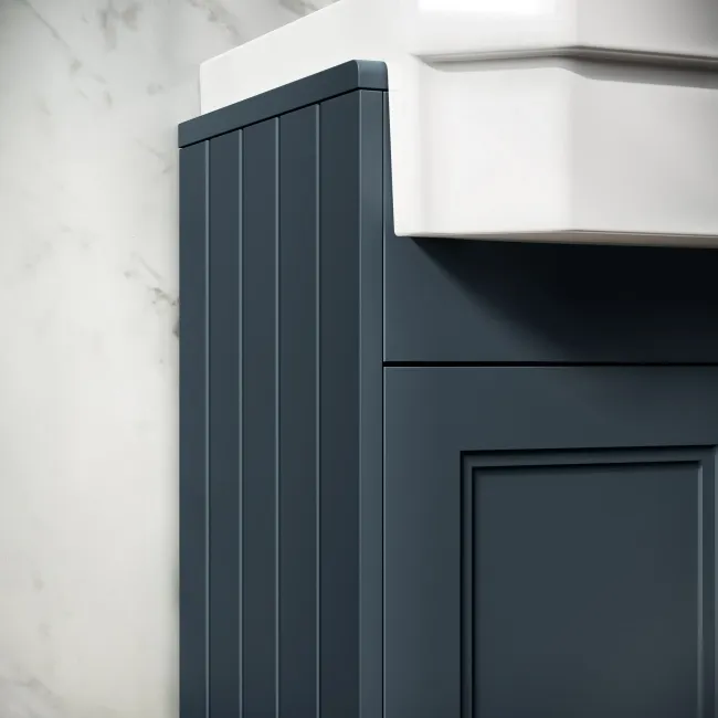 Monaco Inky Blue Combination Vanity Traditional Basin and Hudson Toilet with Wooden Seat 1500mm - Brushed Brass Accents