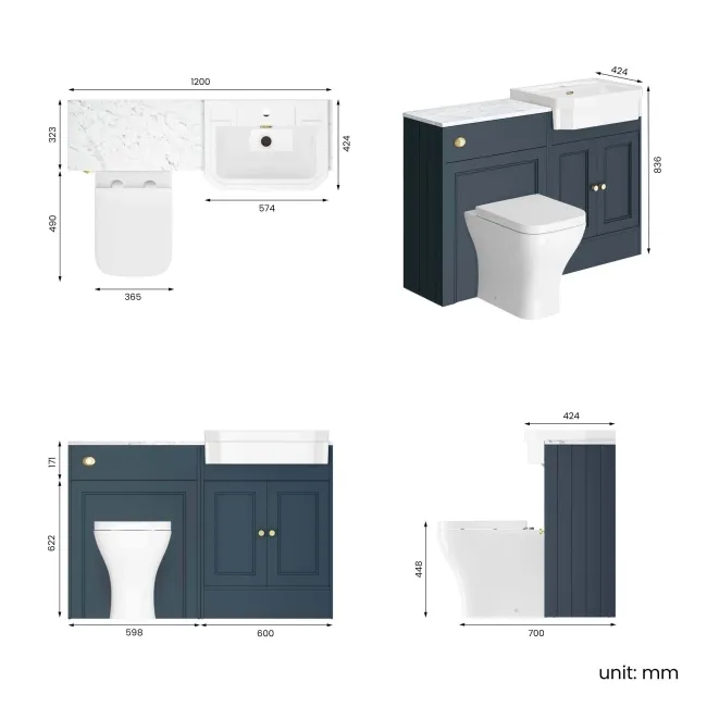 Monaco Inky Blue Combination Vanity Traditional Basin with Marble Top & Atlanta Toilet 1200mm - Brushed Brass Accents