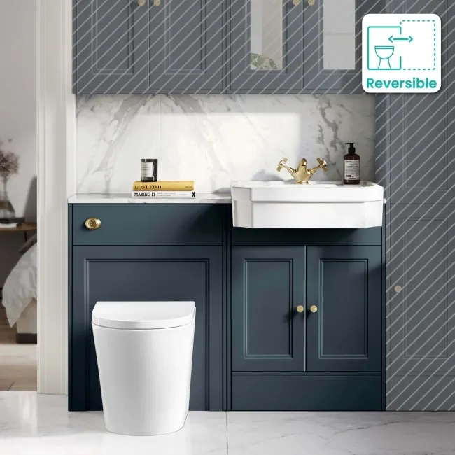 Monaco Inky Blue Combination Vanity Traditional Basin with Marble Top & Boston Toilet 1200mm - Brushed Brass Accents