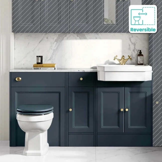 Monaco Inky Blue Combination Vanity Traditional Basin with Marble Top & Hudson Toilet with Wooden Seat 1500mm - Brushed Brass Accents