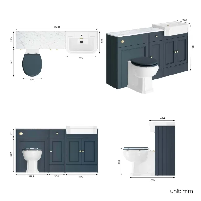 Monaco Inky Blue Combination Vanity Traditional Basin with Marble Top & Hudson Toilet with Wooden Seat 1500mm - Brushed Brass Accents