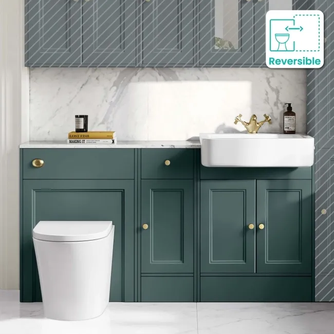Monaco Midnight Green Combination Vanity Basin with Marble Top and Boston Toilet 1500mm - Brushed Brass Accents