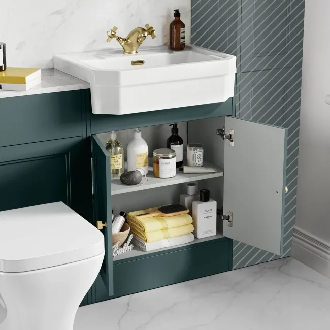 Monaco Midnight Green Combination Vanity Traditional Basin with Marble Top & Atlanta Toilet 1200mm - Brushed Brass Accents