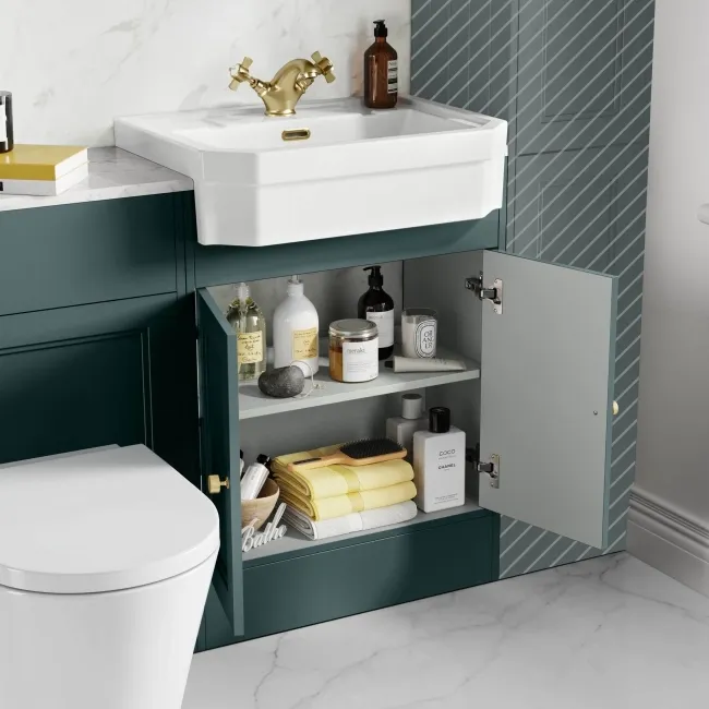 Monaco Midnight Green Combination Vanity Traditional Basin with Marble Top & Boston Toilet 1200mm - Brushed Brass Accents