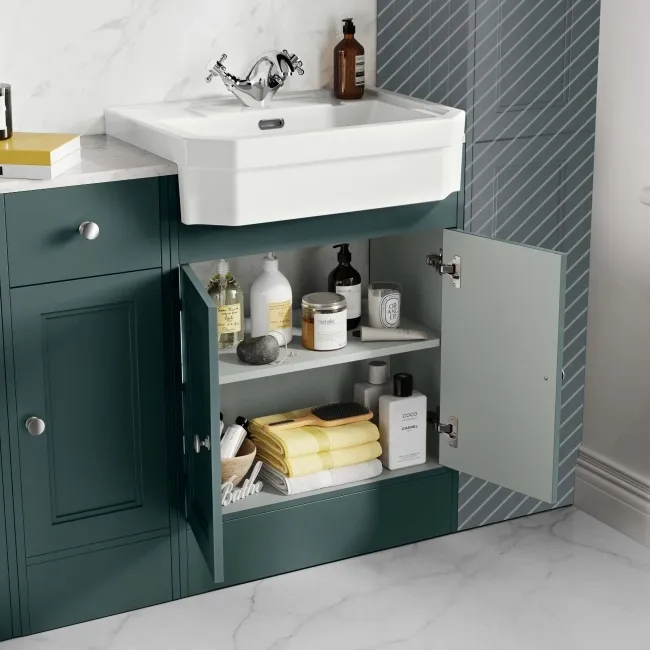 Monaco Midnight Green Combination Vanity Traditional Basin with Marble Top & Hudson Toilet with Wooden Seat 1500mm