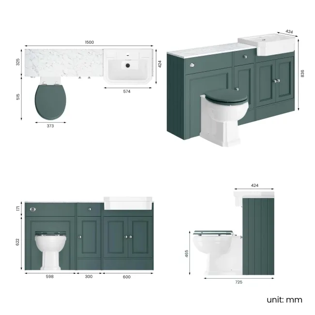 Monaco Midnight Green Combination Vanity Traditional Basin with Marble Top & Hudson Toilet with Wooden Seat 1500mm
