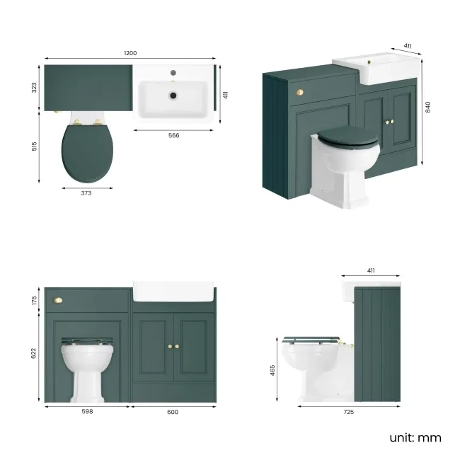 Monaco Midnight Green Combination Vanity Basin and Hudson Toilet with Wooden Seat 1200mm - Brushed Brass Accents