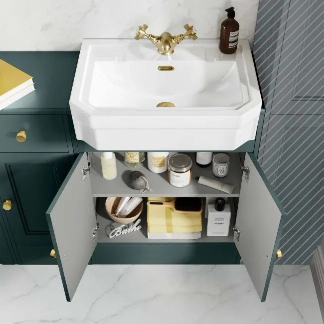 Monaco Midnight Green Combination Vanity Traditional Basin and Hudson Toilet with Wooden Seat 1500mm - Brushed Brass Accents