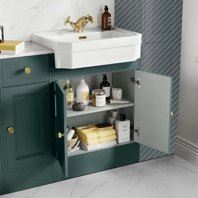 Monaco Midnight Green Combination Vanity Traditional Basin with Marble Top & Hudson Toilet with Wooden Seat 1500mm - Brushed Brass Accents