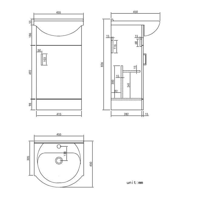 Quartz Stone Grey Cloakroom Vanity with Semi Recessed Basin 450mm - Black Accents