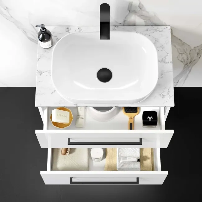 Elba Gloss White Wall Hung Drawer Vanity with Marble Top & Curved Counter Top Basin 600mm - Black Accents