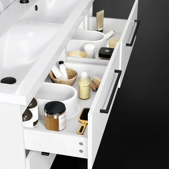 Elba Gloss White Wall Hung Double Basin Drawer Vanity 1200mm - Black Accents