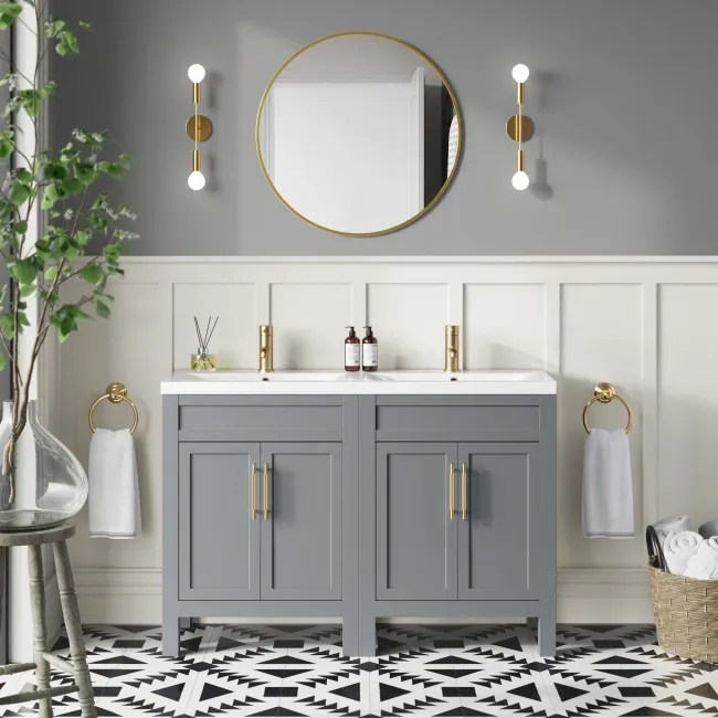 Bermuda Dove Grey Double Basin Vanity 1200mm - Brass Knurled Handles