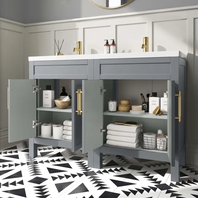 Bermuda Dove Grey Double Basin Vanity 1200mm - Brass Knurled Handles