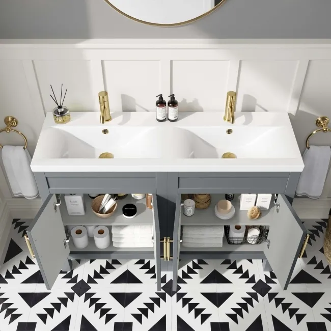 Bermuda Dove Grey Double Basin Vanity 1200mm - Brass Knurled Handles