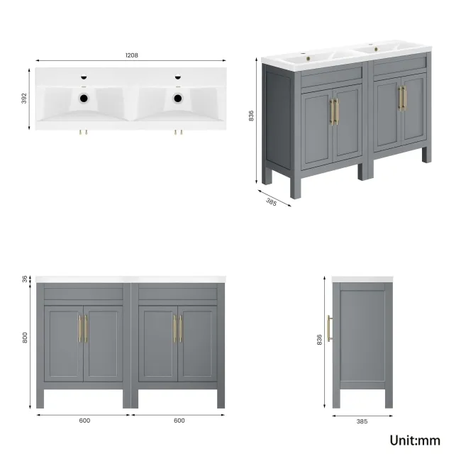 Bermuda Dove Grey Double Basin Vanity 1200mm - Brass Knurled Handles