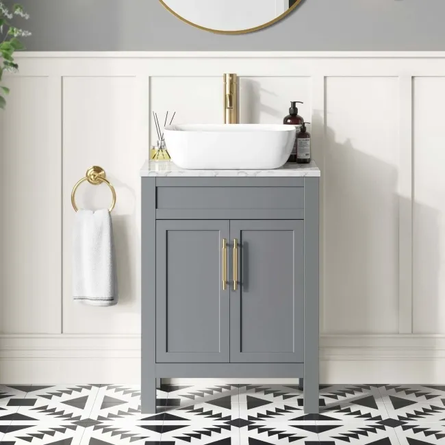 Bermuda Dove Grey Vanity with Marble Top & Curved Counter Top Basin 600mm - Brass Knurled Handles