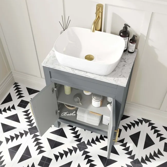 Bermuda Dove Grey Vanity with Marble Top & Curved Counter Top Basin 600mm - Brass Knurled Handles