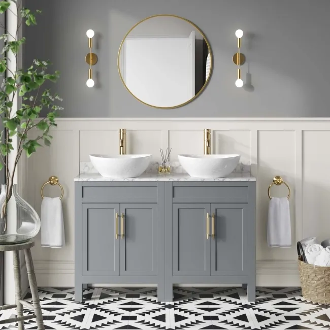 Bermuda Dove Grey Vanity with Marble Top & Oval Counter Top Basin 1200mm - Brass Knurled Handles
