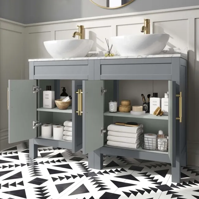Bermuda Dove Grey Vanity with Marble Top & Oval Counter Top Basin 1200mm - Brass Knurled Handles