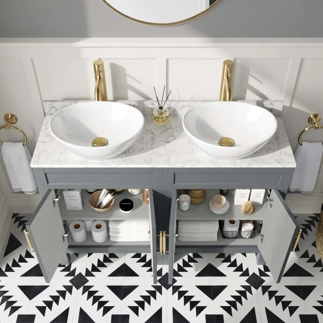 Bermuda Dove Grey Vanity with Marble Top & Oval Counter Top Basin 1200mm - Brass Knurled Handles