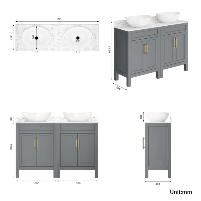 Bermuda Dove Grey Vanity with Marble Top & Oval Counter Top Basin 1200mm - Brass Knurled Handles