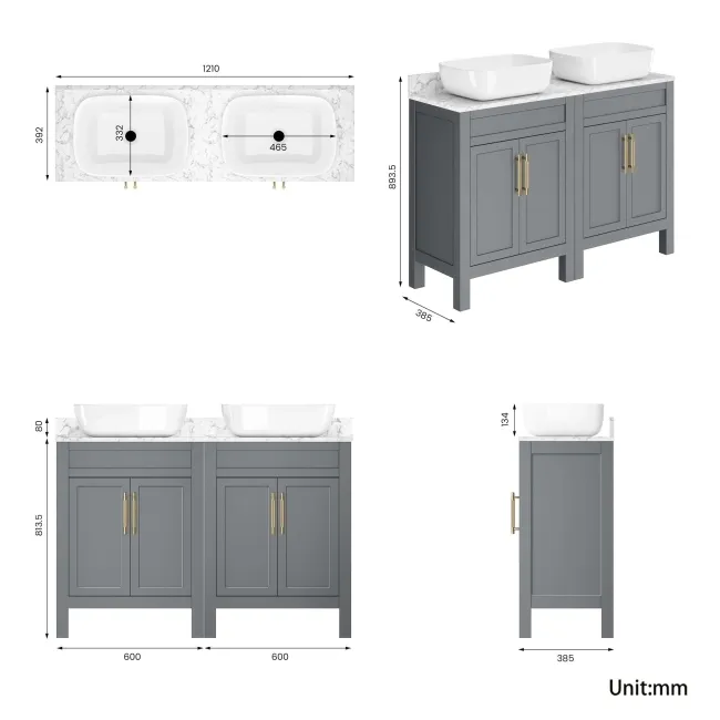 Bermuda Dove Grey Vanity with Marble Top & Curved Counter Top Basin 1200mm - Brass Knurled Handles