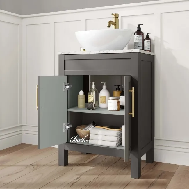 Bermuda Graphite Grey Vanity with Marble Top & Oval Counter Top Basin 600mm - Brass Knurled Handles