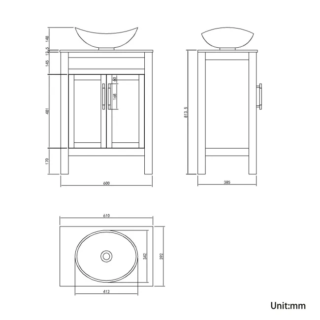 Bermuda Graphite Grey Vanity with Marble Top & Oval Counter Top Basin 600mm - Brass Knurled Handles