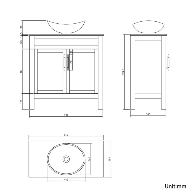 Bermuda Graphite Grey Vanity with Marble Top & Oval Counter Top Basin 800mm - Brass Knurled Handles