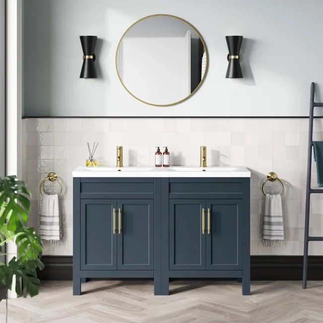 Bermuda Inky Blue Double Basin Vanity 1200mm - Brass Knurled Handles