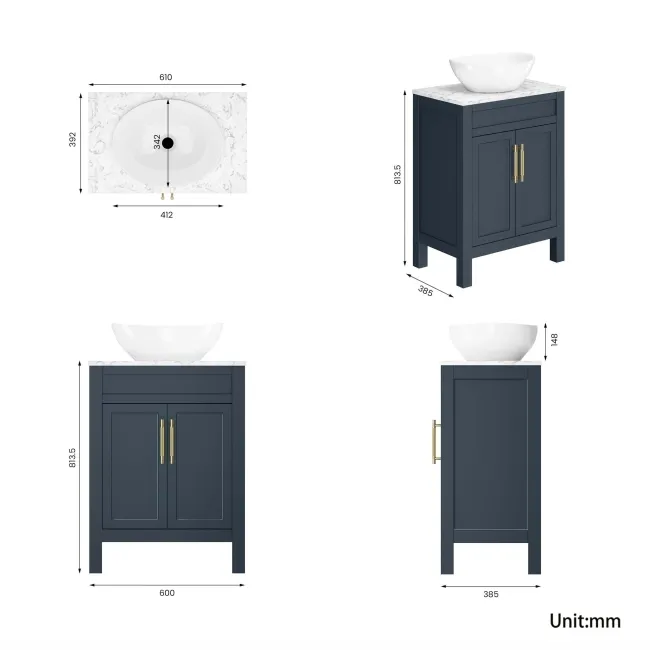 Bermuda Inky Blue Vanity with Marble Top & Oval Counter Top Basin 600mm - Brass Knurled Handles