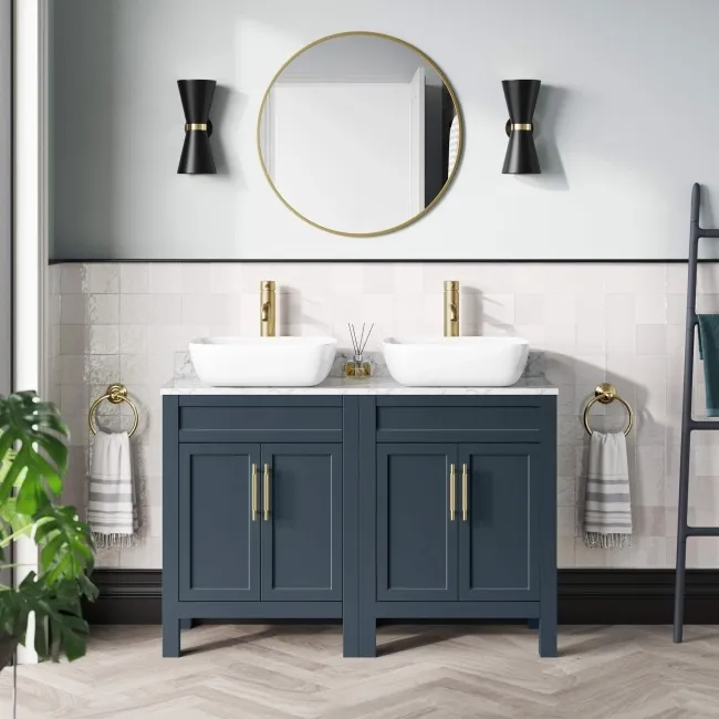 Bermuda Inky Blue Vanity with Marble Top & Curved Counter Top Basin 1200mm - Brass Knurled Handles